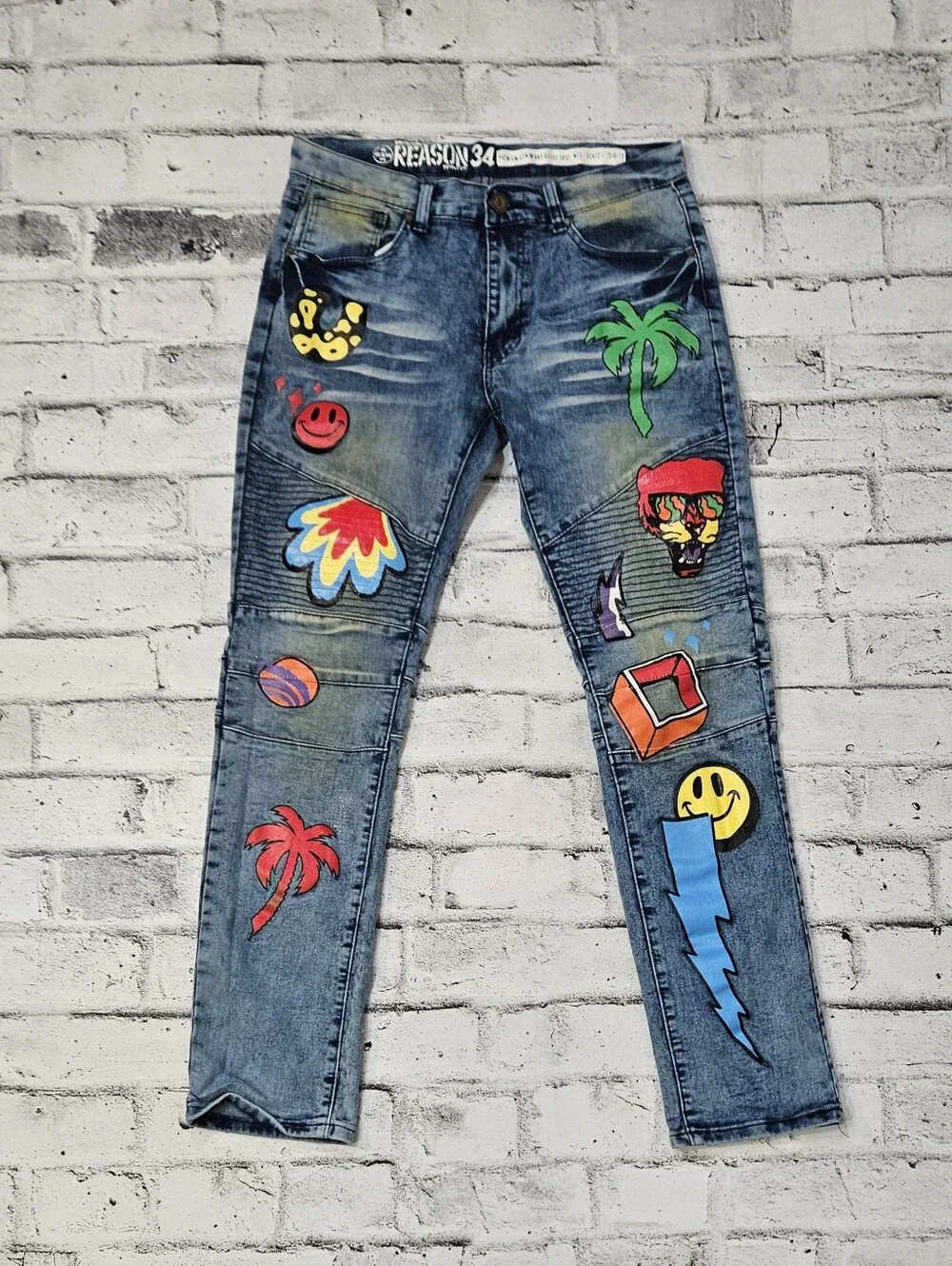 Reason New York Graphic Moto Patch Jeans Slim Fit Denim Mens 30x30 - Picture 3 of 16